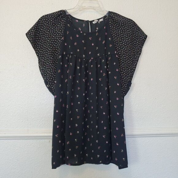 Gap Womens Black Pink Floral Short Flutter Sleeve Chiffon Top Blouse Boho Size L - Picture 1 of 16